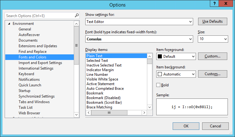 Fonts and colors in Visual Studio