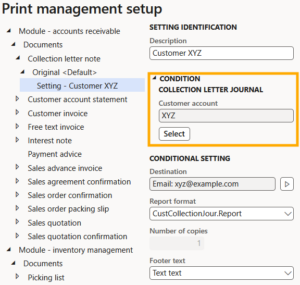 Print management setup form with the condition highlighted